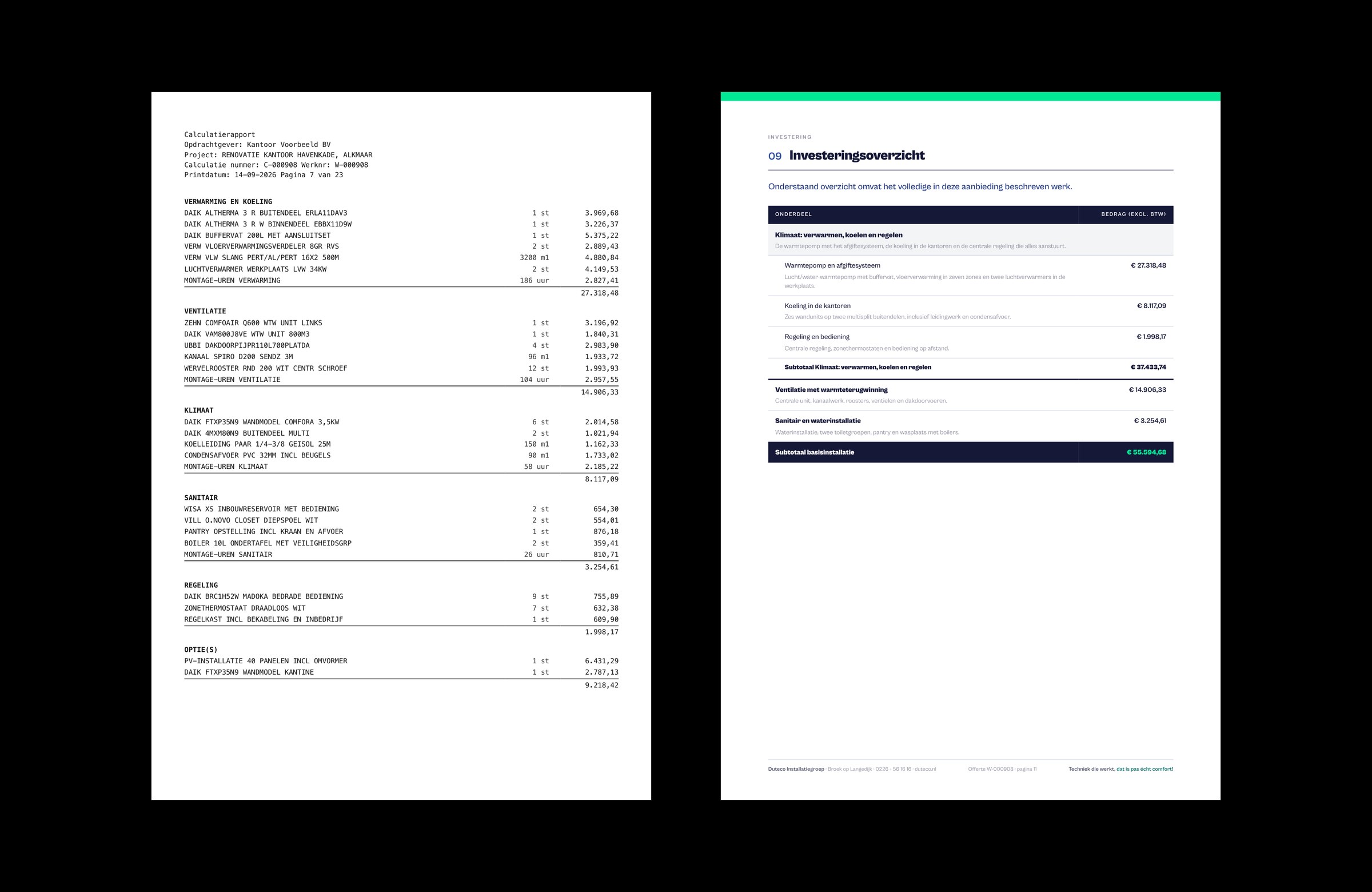 twee pagina's naast elkaar: links een calculatierapport in kale letters, artikelcodes en een bedrag per hoofdstuk; rechts dezelfde bedragen als investeringsoverzicht in de huisstijl van duteco